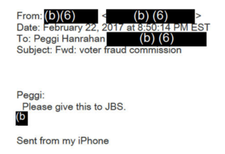 A Feb. 22 email asking Sessions aide Peggi Hanrahan to give the Heritage Foundation letter to “JBS”: Jefferson Beauregard Sessions.